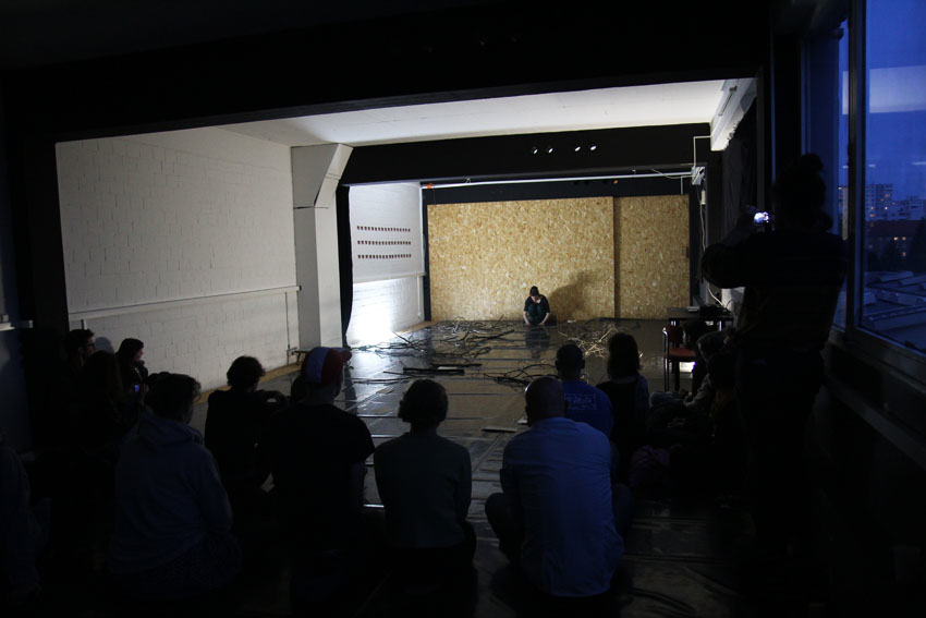 zoomed out image of shelley in studio with audience, amongst fallen branch landscape with city skylight on the right side